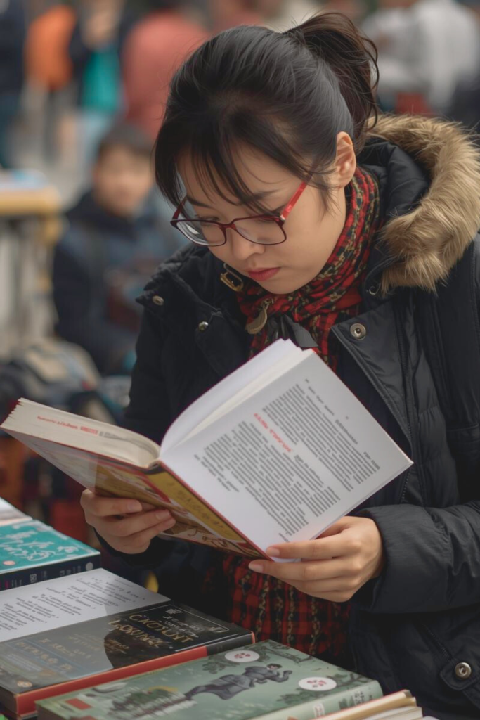 Woman examining a book.