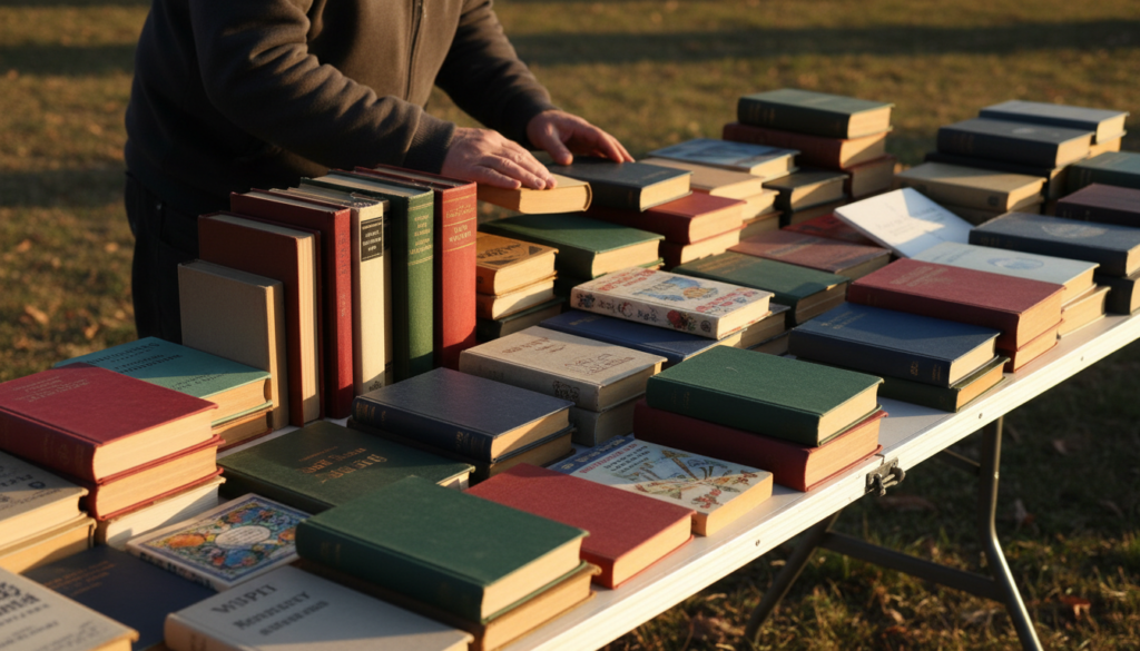 Man browsing books at a table full of older books.
