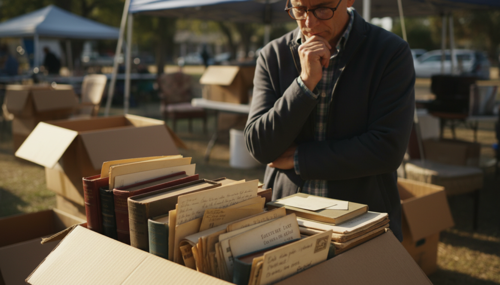 Man looking down thoughtfully at a box of books and papers/
